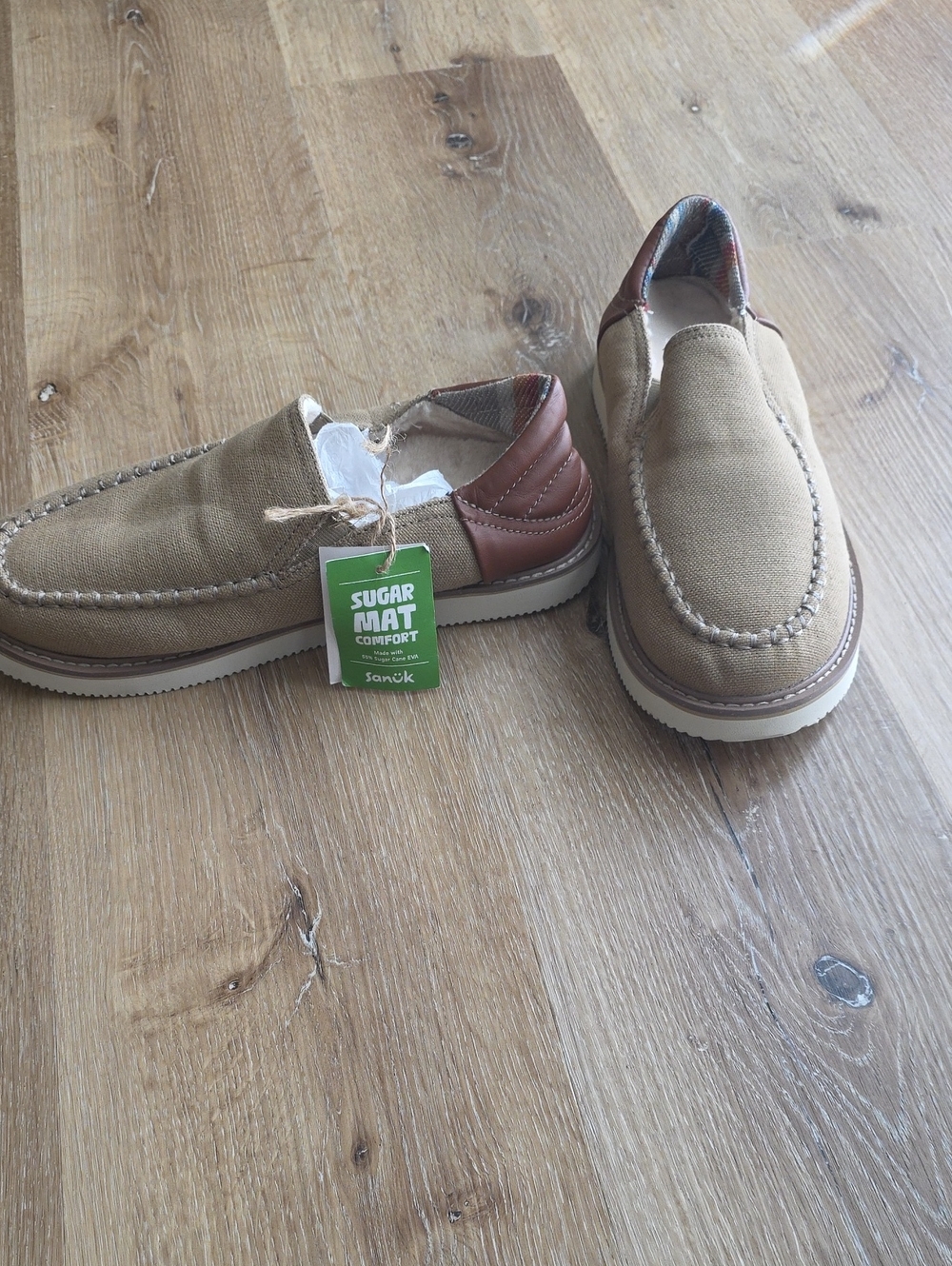 Sanuk Men’s Tan Canvas Slip-On Loafers with Brown Heel